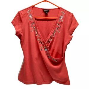 Express V-Neck Women's Large Floral Embroidered Wrap Style Top Salmon Pink GUC